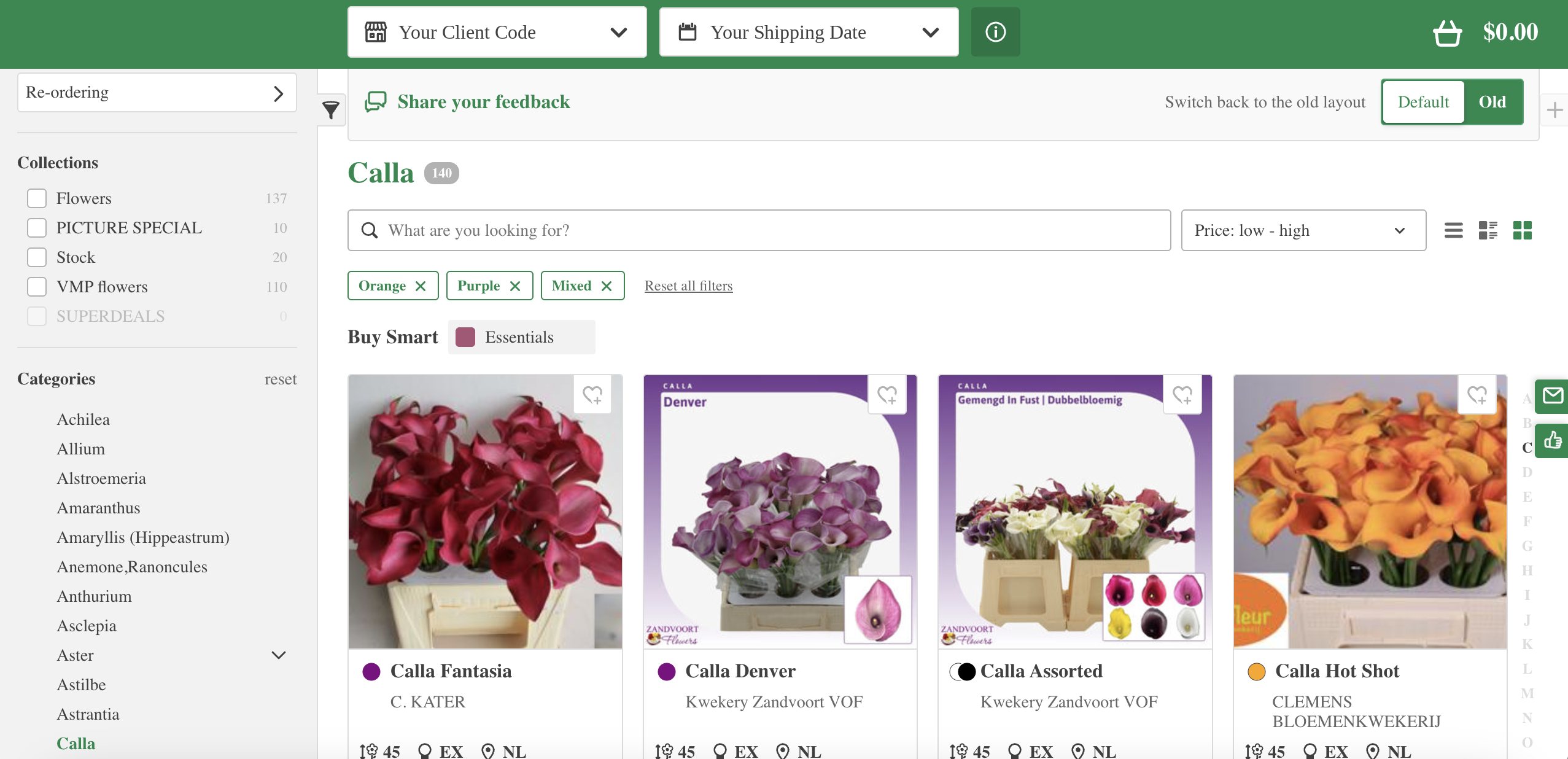 The webshop showing calla listings, with categories on the left and search at the top