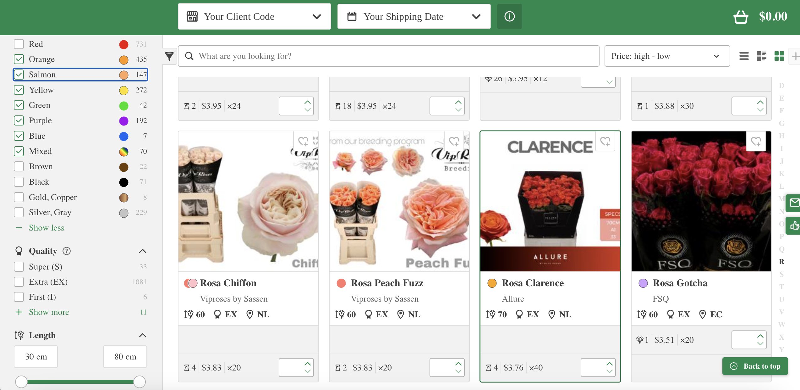 The webshop showing rose listings, with colour, quality and stem length filters on the left