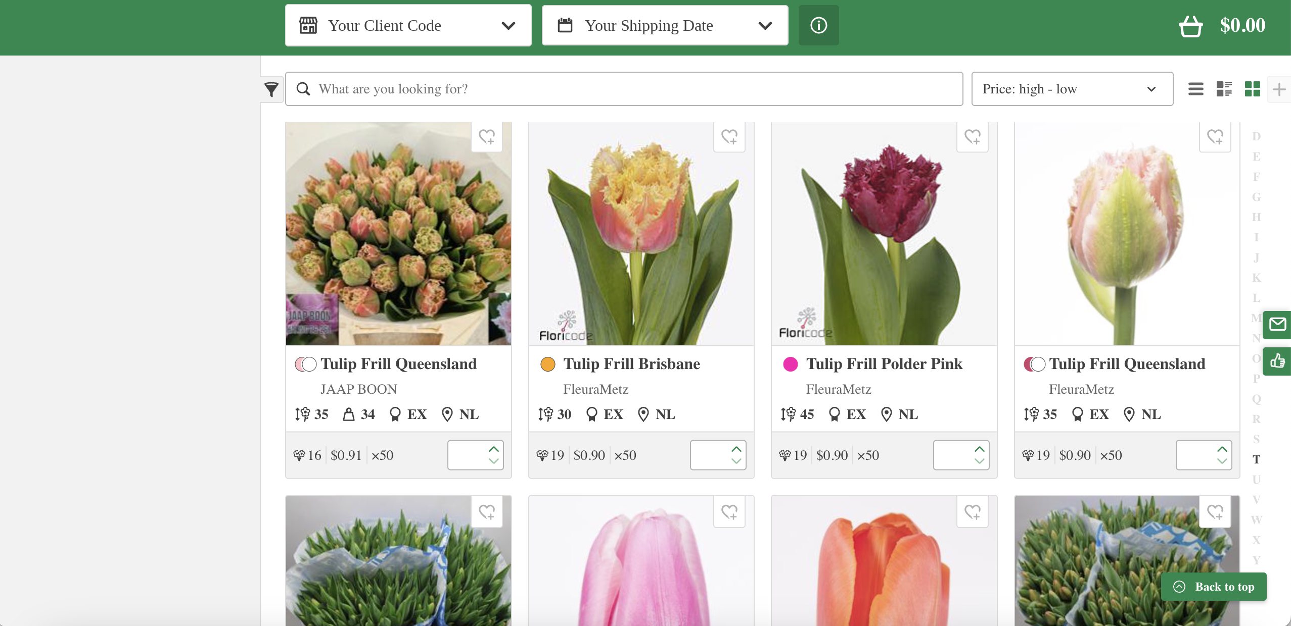 The webshop showing tulip listings, each with its details below the photo